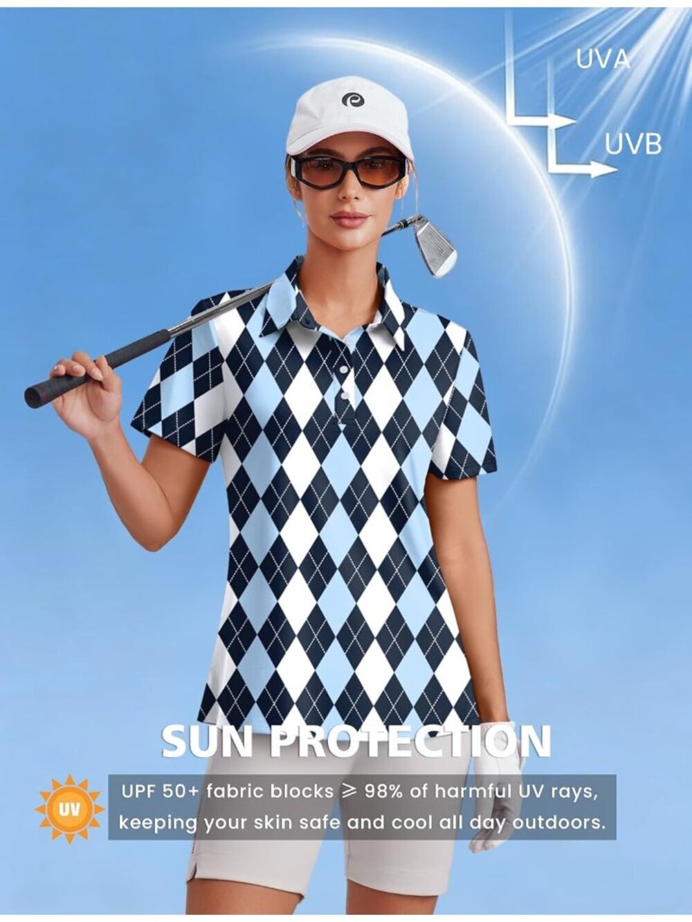 Women Black Blue Plaid 4 Button Golf Polo UPF50+ Quick Dry Tennis Tops Relax Fit - Picture 4 of 6